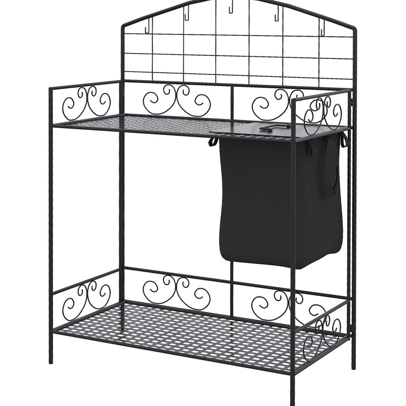 Folding Garden Potting Bench, Metal Workstation With Bag & Cover, 5 Hooks And Shelf, Ergonomic For Pleasant Planting, Black Workbench, Table Hassle- Gardening,