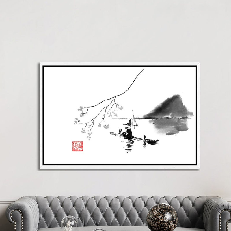 Lake by Péchane - Painting on Canvas, 152.5 cm H x 101.5 cm W, White Framed