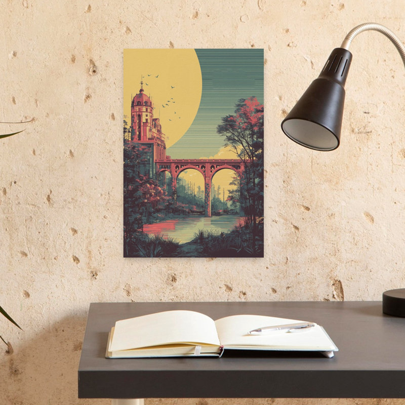 «River Vista», paysage paisible rétro, paysage serein, architecture, art mural, H 18 po x l 12 po