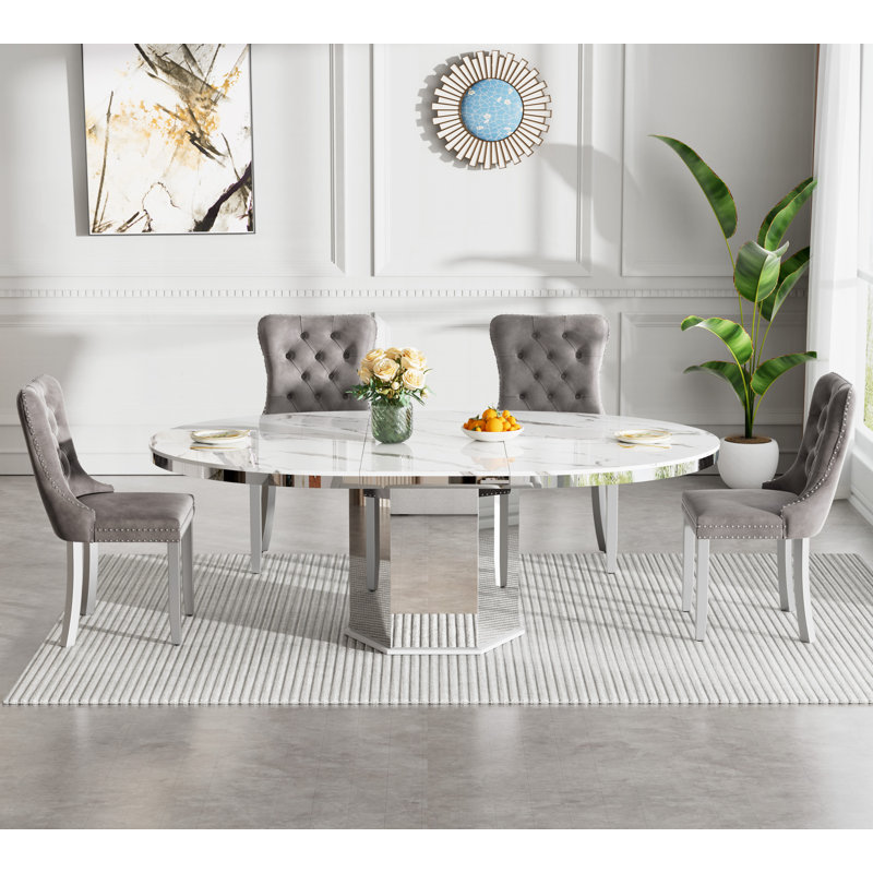 Round Faux Marble Dining Table Set, 47.24"-63" Extendable Oval Dining Table & Tufted Velvet Chairs, Modern Mirrored Kitchen Dining Room Table and Chairs Set
