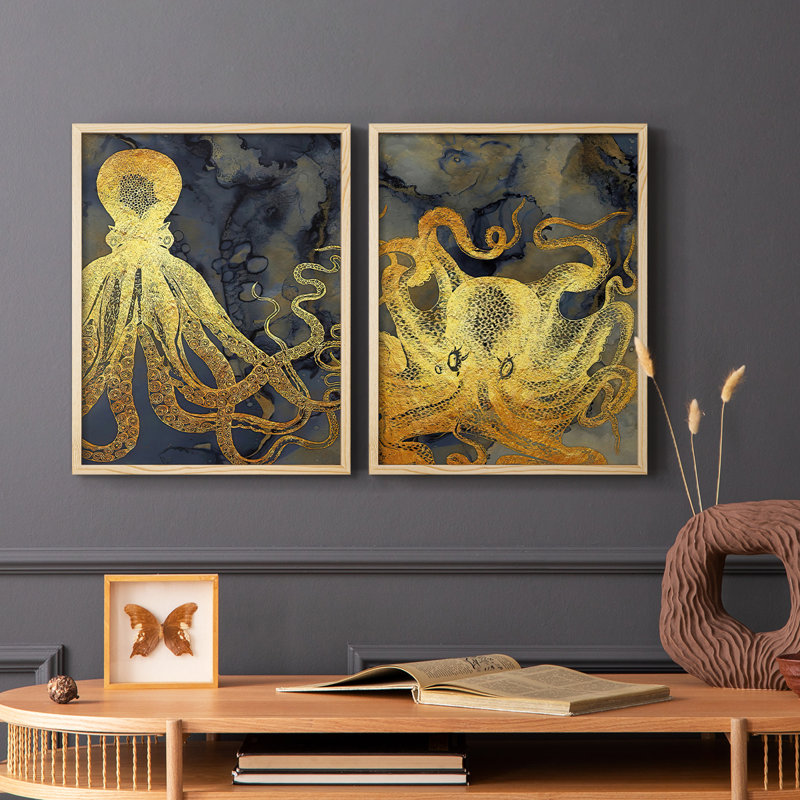 Encre pieuvre dorée et bleue, impression encadrée I-Premium - prête à être accrochée - aucun clou requis - aucun clou requis