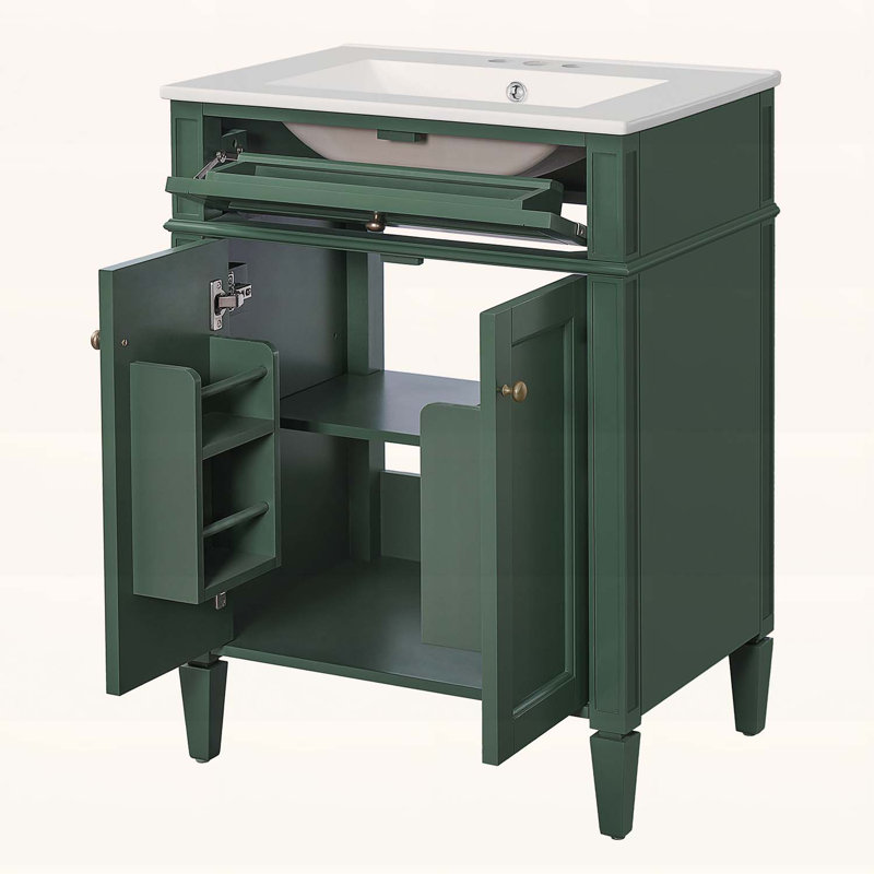 Meuble-lavabo de 24 po avec portes à fermeture en douceur, tiroir rabattable et rangement intégré pour un rangement efficace