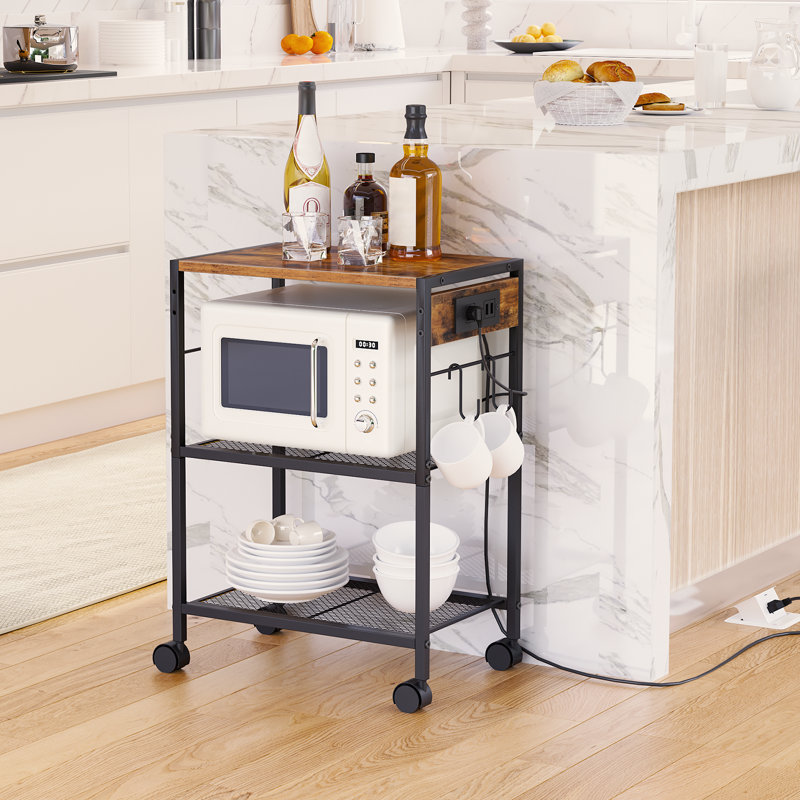 3-Tier Mobile Printer Stand with Storage and Charging Station, Brown