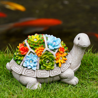 7 LED Lights - Solar Outdoor Lawn Decor Garden Tortoise Statue with Succulent