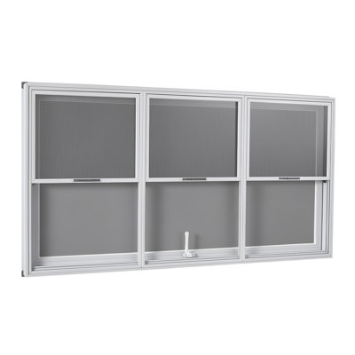 Fenêtre de service en alliage d'aluminium 64 x 40 pouces, conçue pour les camions-restaurants, comprenant 3 panneaux fixes et 3 panneaux coulissants, une porte à auvent avec crochet de traction et une construction résistante à l'eau.