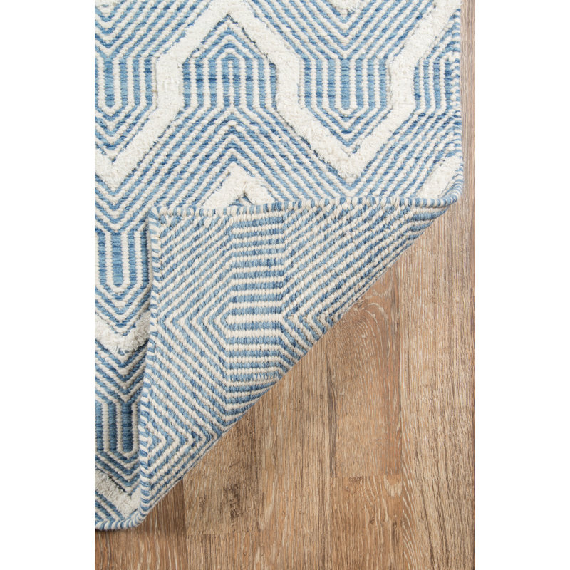 Langdon Geometric Handmade Flatweave Wool Blue/Ivory Area Rug, Rectangle 5' x 8'