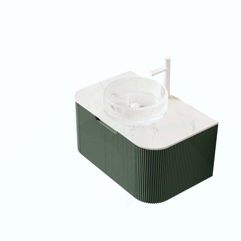Meuble-lavabo de salle de bain, armoire de salle de bain en contreplaqué rayé à bords arrondis avec tiroir, vasque en cristal et plateau en pierre frittée, pré-assemblé