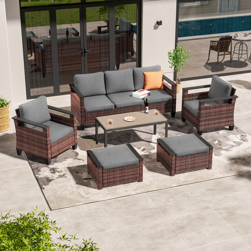 6 Piece Patio Sofa with Coffee Table Conversation Set, Gray