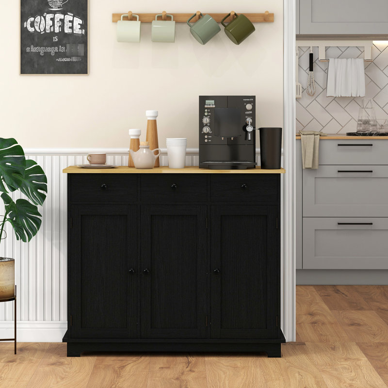 Armoire de rangement multimédia - comptoir en bois massif, 3 tiroirs, portes, tablette réglable noir patiné pour le couloir de l'électronique