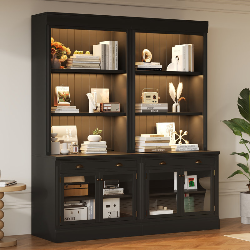 83.4" Tall LED-Lit Modern 2-Piece Bookcase Suite with Glass Doors, Drawers & Open Shelves - Storage Solution for Living Room & Home Office