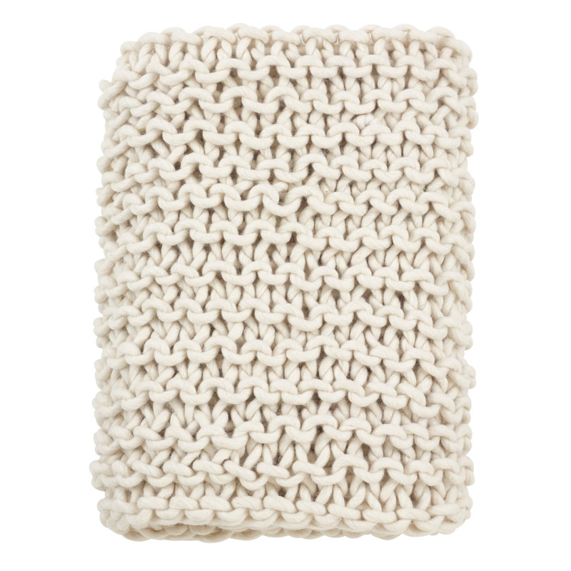 Ivory Chunky Knit Reversible Wool Throw Blanket, 50" x 60"