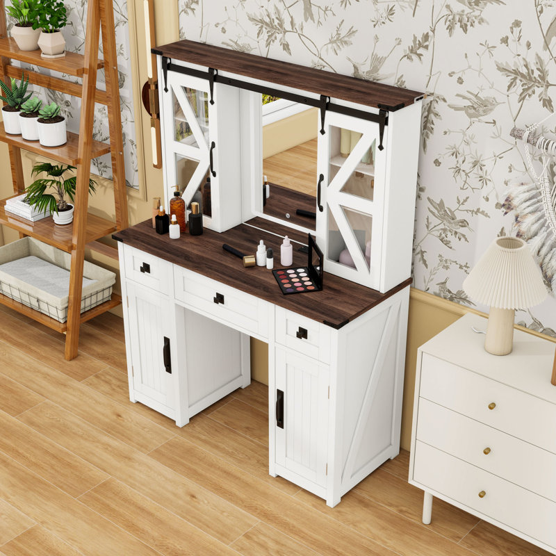 Bureau de maquillage avec miroir, station de charge et tiroirs