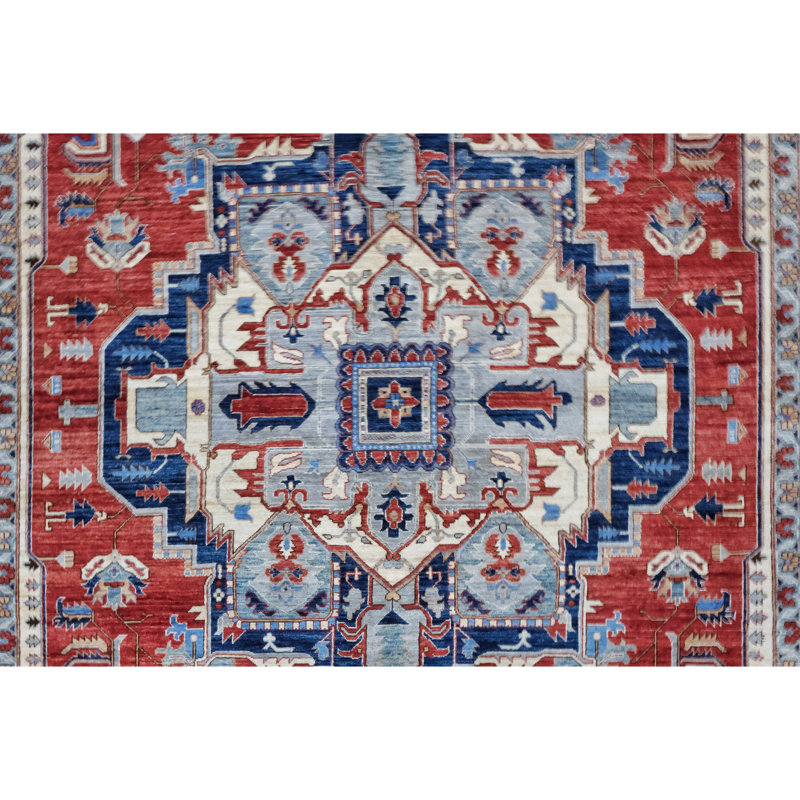 Hand Knotted Wool Area Rug in Red And Navy