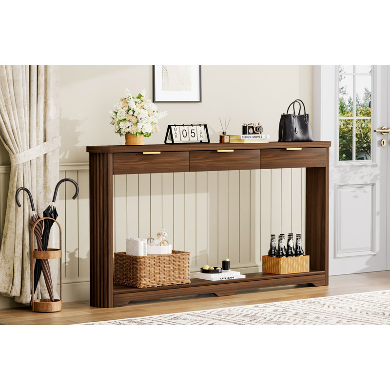 Console l 70 po Classic avec tiroirs et tablette pour l'entrée, le couloir et le salon, Noyer