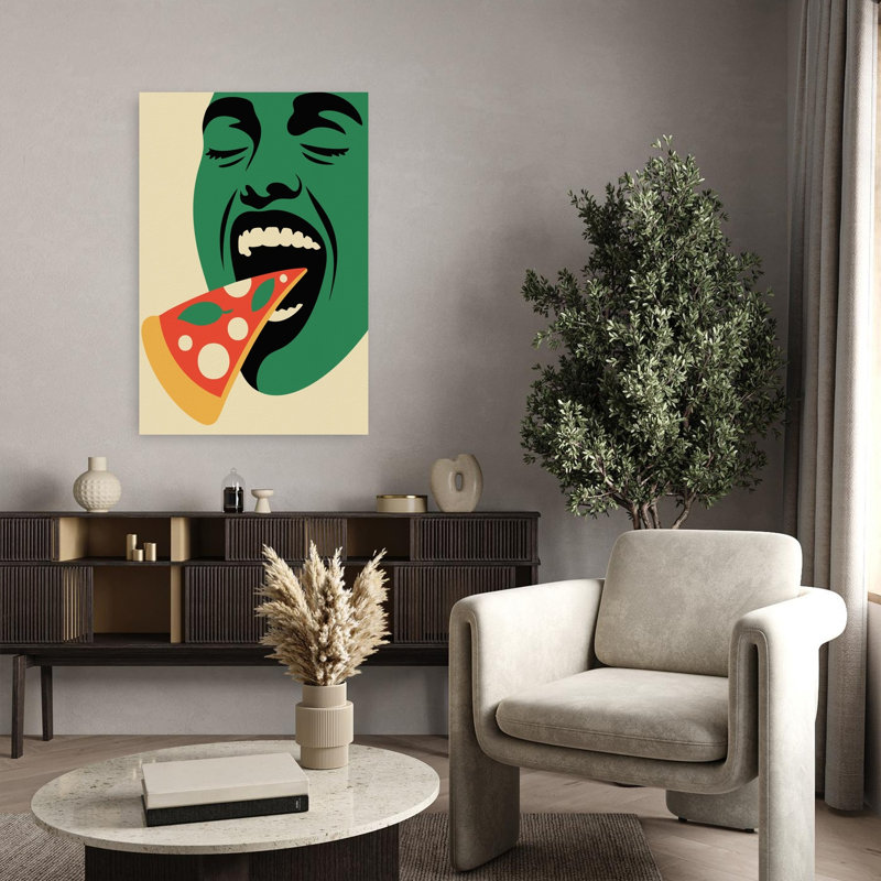 «Joyful Pizza Bite», art mural contemporain, H 36 po x l 24 po