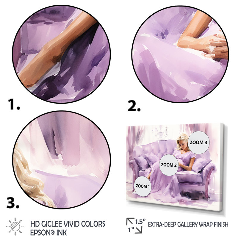 «Purple Woman Elegance On Coach - Dior», art mural, Cadre d'angle fermé doré, H 30 po x l 40 po x P 1,5 po