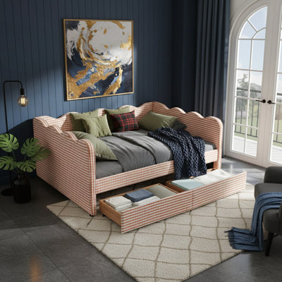 Full Size Cozy Gingham Daybed with Two Storage Drawers, USB Port, and Adorable Wave Shaped Linen Fabric