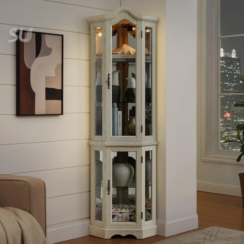 Lighted Corner Curio Cabinet With Tempered Glass Doors & Shelves - Elegant Oak Display Storage For Living Room & Bedroom Decor