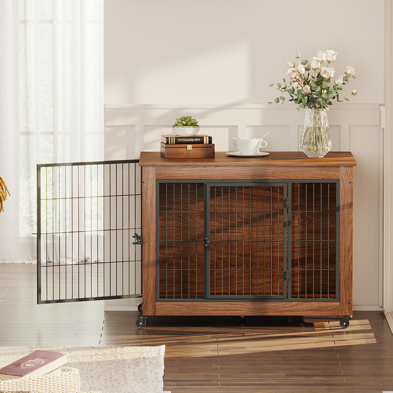 Meuble de cage pour chien Owen avec roues, portes doubles et roulettes verrouillables, 38.6"