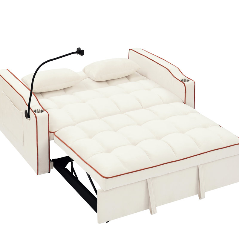 Lit en velours beige de 55,51 po, dossier réglable, cendrier, support pour téléphone et coussins chauds beige moderne avec dossier et pratique