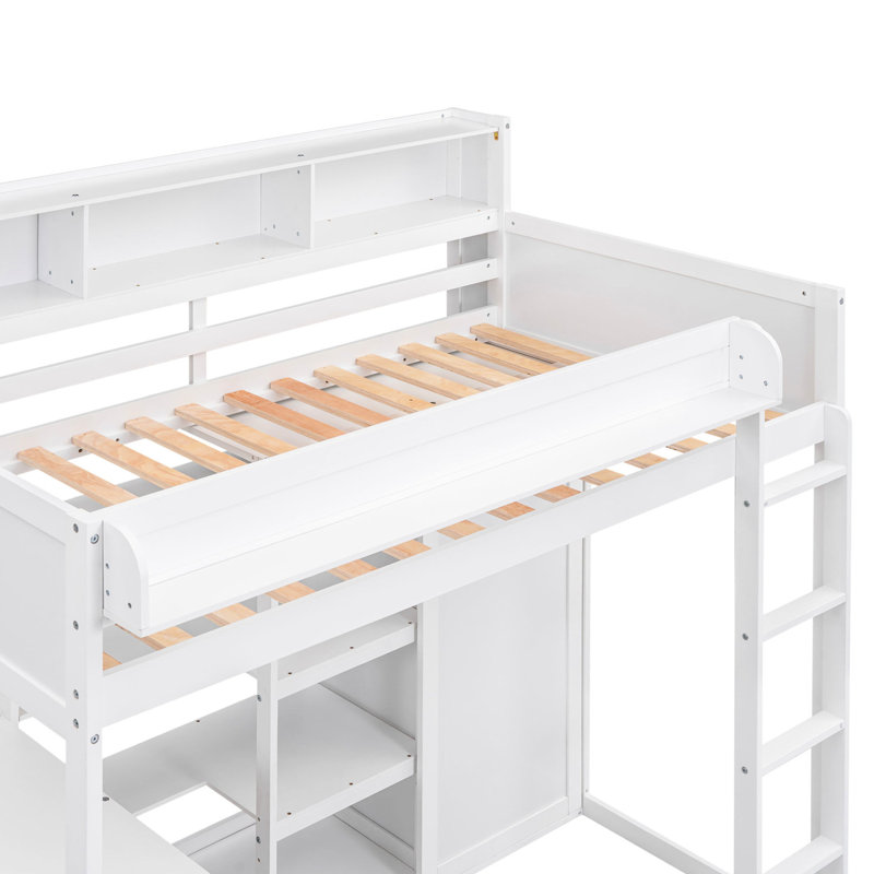 Lit mezzanine simple avec mesures et rangement multiple, grand espace de rangement blanc, Blanc