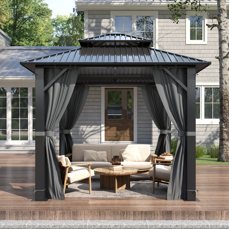 8.5FT ×8.5FT Outdoor Aluminum Patio Gazebo, Galvanized Steel Hardtop Gazebo with Privacy Curtain and Mosquito Netting
