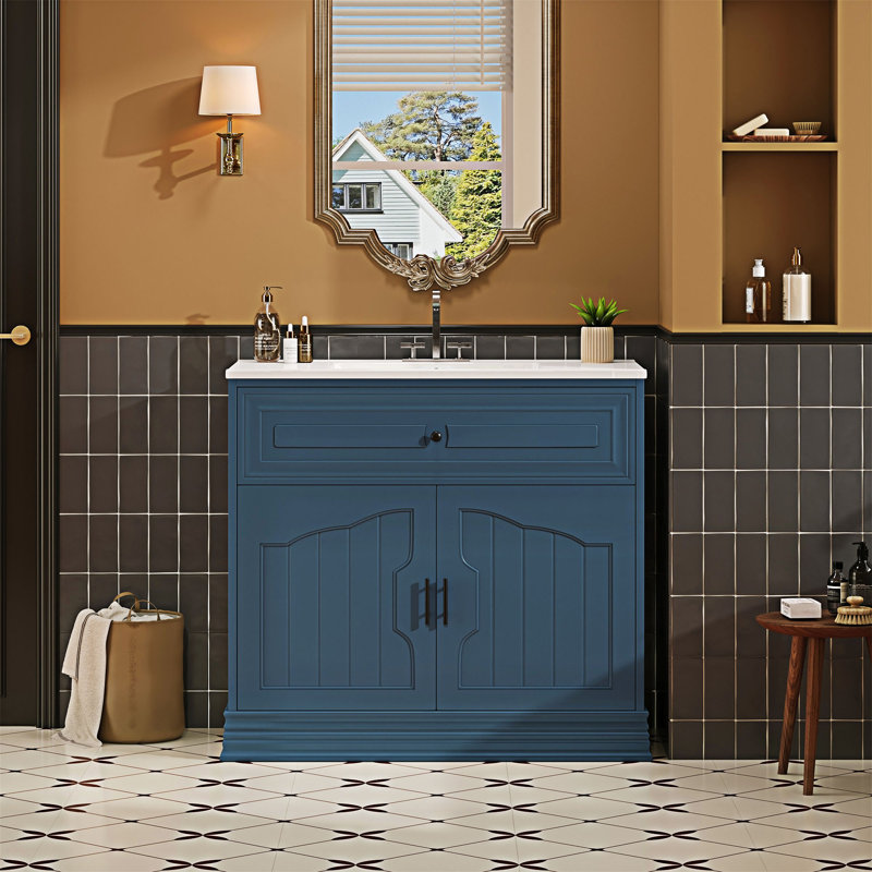 Meuble-lavabo de salle de bain avec lavabo en céramique, Noir, Bleu