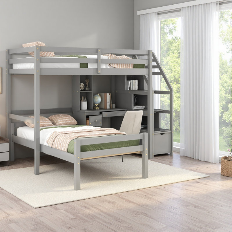 Lit mezzanine simple avec lit autonome, escalier de rangement, bureau, tablettes et tiroirs, Gris