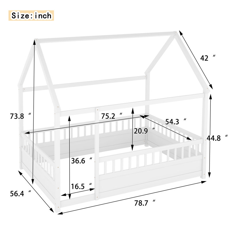 Full Size Wooden House Floor Bed with Fence & Roof Frame, Montessori Kids Playhouse Bed for Boys & Girls, White, White, Full
