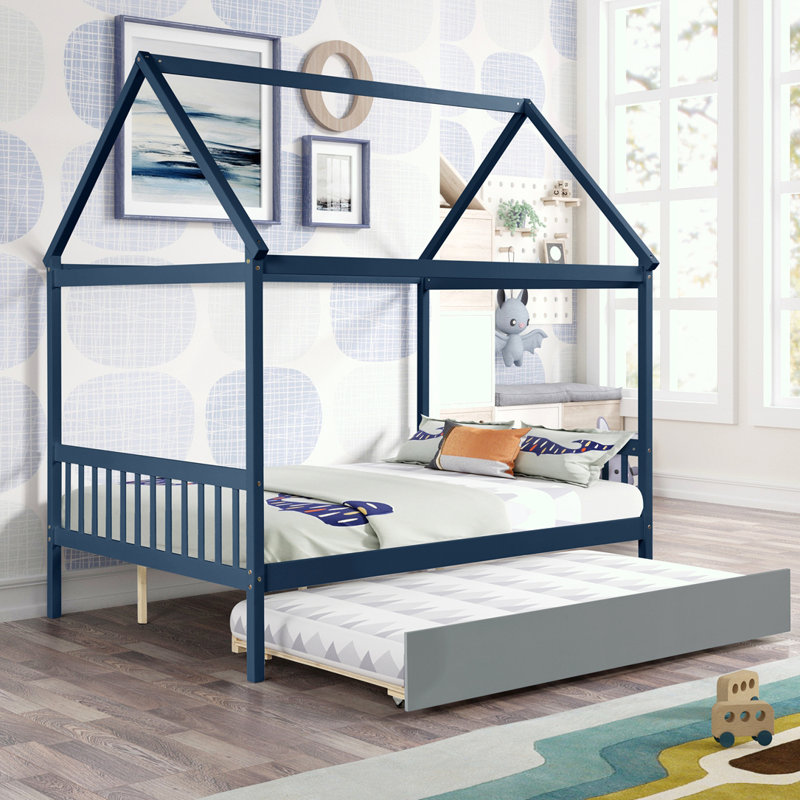 Lit simple avec lit gigogne House, Marine, Double