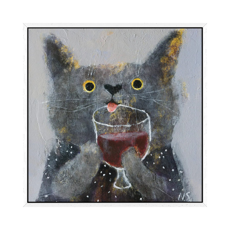 The Cat With Glass Of Wine by Natalia Shaloshvili - Painting on Canvas, White Framed, 45.72cm H x 45.72cm W x 3.81cm D