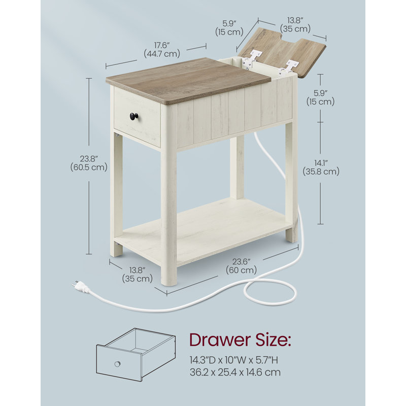 Avetis End Table with Storage and Built-In Outlets, Heather Greige Top/White Base
