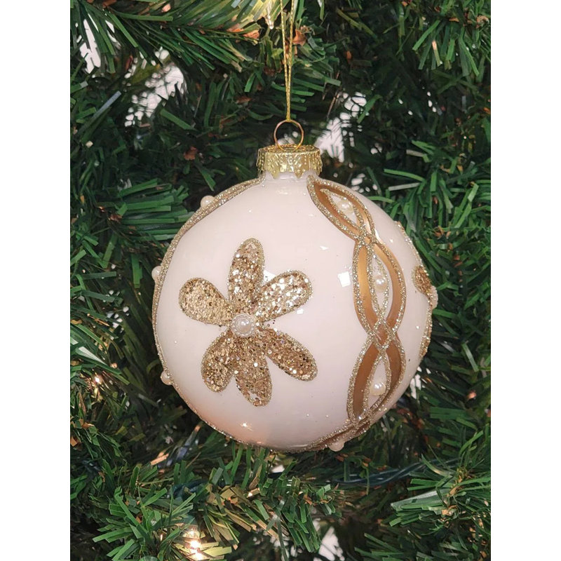  Ornement de Noël boule blanche en verre fleur d'or F07M7-30-LH76-23098