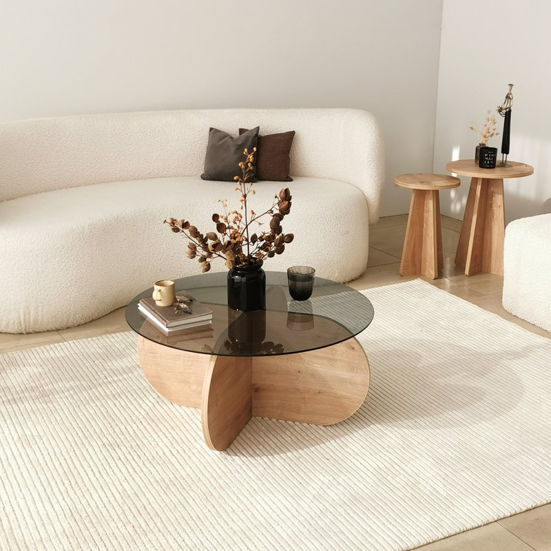 Modern Coffee Table with 100% Tempered Glass Top, 29.5 x 13.8 x 29.5 inches | Stylish Oak & Fume Color | Sturdy 100% Melamine Coated Particle Board Frame, Perfect for Scandinavian-Inspired Living Rooms & Contemporary Spaces