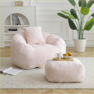 Giant Faux Fur Bean Bag Chair with Footstool for Adults &amp; Kids, Oversized Lazy Sofa | Faux Fur | Curved