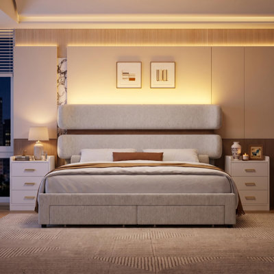 3-Piece Bedroom Furniture Set: Chenille Upholstered Bed with LED Lighting & Storage Drawers + 2 Wooden Nightstands with Charging Station
