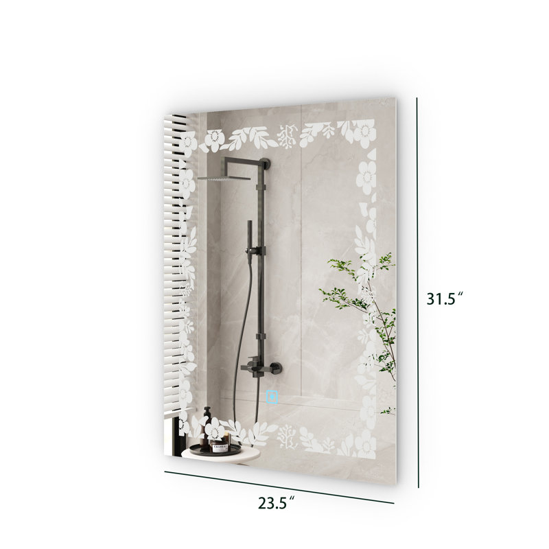 Square Frameless Led Bathroom Mirror With Etched Pattern, Front & Back Light, 3-Color Dimmer, Plug-In / Hardwired, Horizontal / Vertical