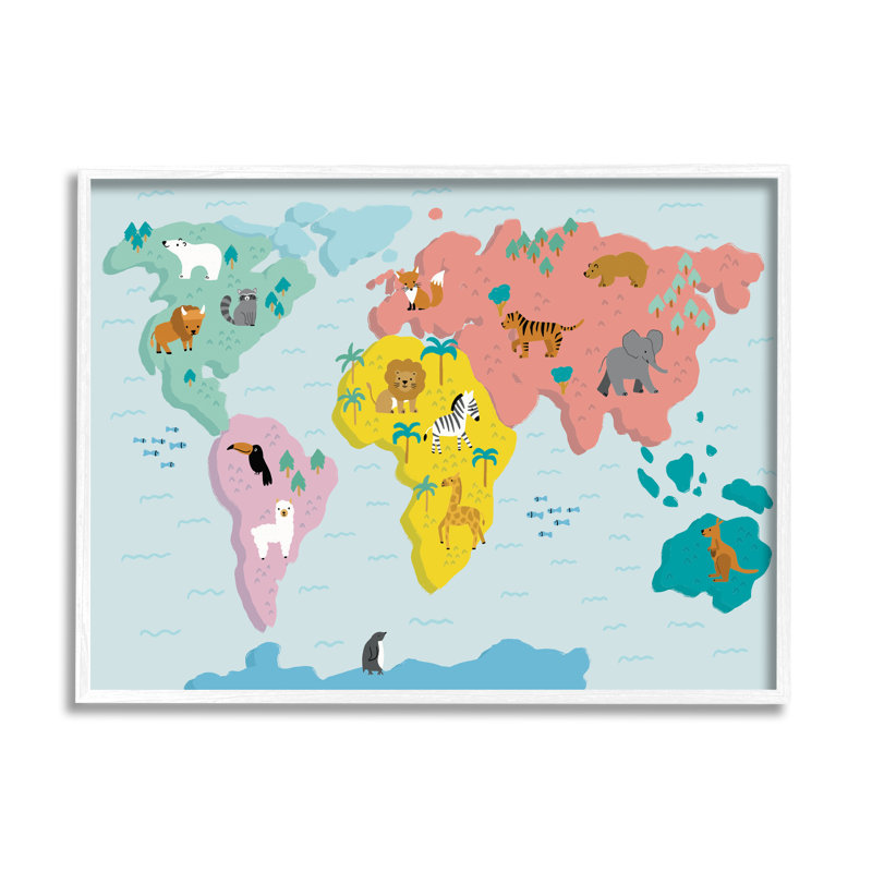«Whimsical Wildlife World Map», art de la giclée encadrée par Dominika Godette, Giclée encadrée blanc bord de mer