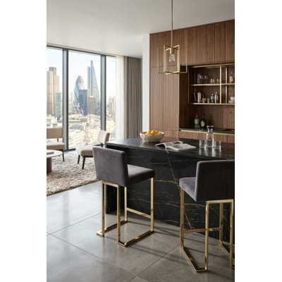      Pangea Home Dexter Velvet Counter Stool – Modern Upholstered Bar Chair -  26" Seat Height - Indoor Stool with Footrest - Bar, Dining, Kitchen - Gray Velvet with Gold Legs