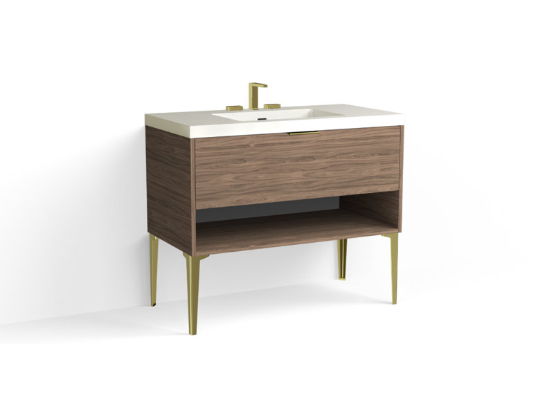 Modo 42" W Freestanding Single Bathroom Vanity with Dean Leg, Matte White/8" Widespread, Nocino, Polished Nickel