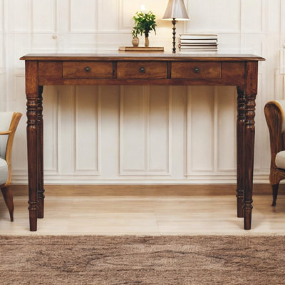 Turned Legs 3 Drawer Chestnut Console by Alcott Hill