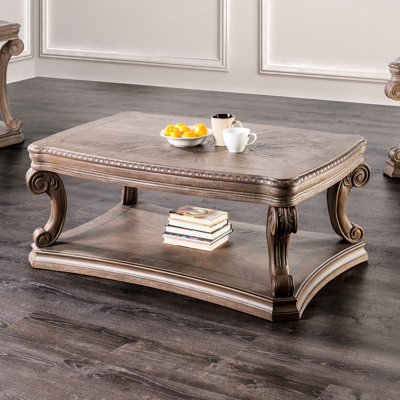 Traditional Solid Wood Living Room Coffee Table With Weathered Oak, Scroll Legs, And Open Bottom Shelf Dentil Moldings, Shelf, Oak Finished For Decor