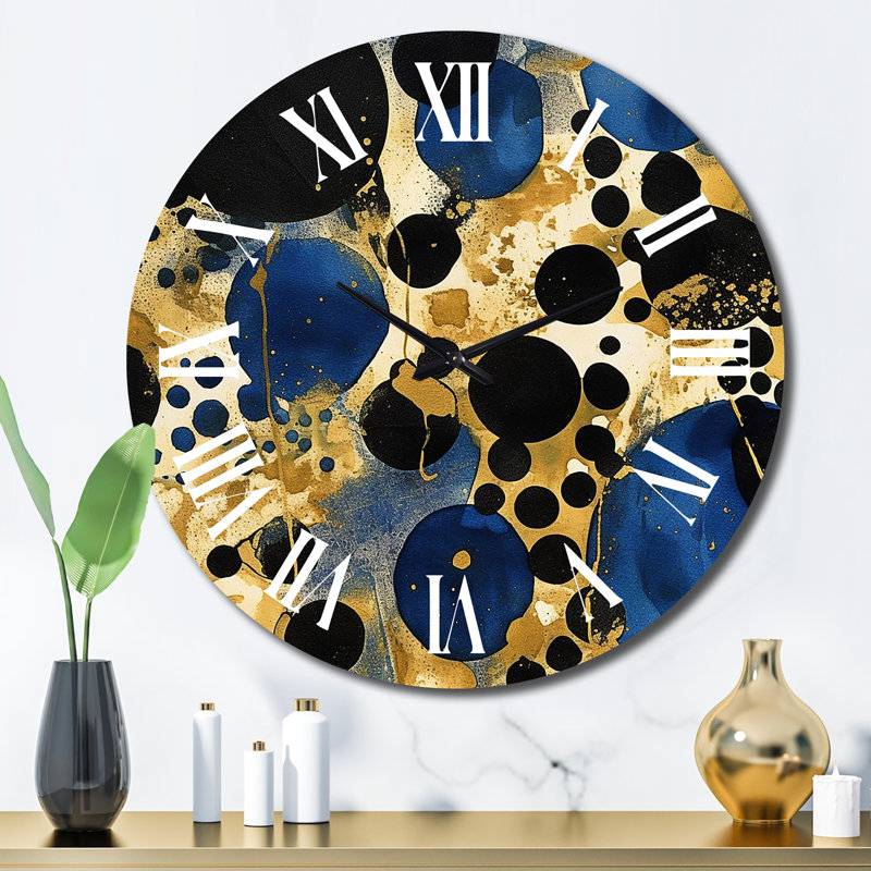 Horloge murale à motif abstrait avec textures bleues et dorées, Grand
