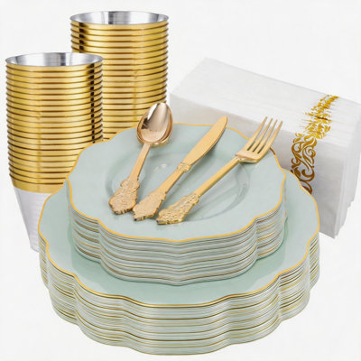 175Pcs Sage Green Gold Tableware for Wedding & Baby Shower
