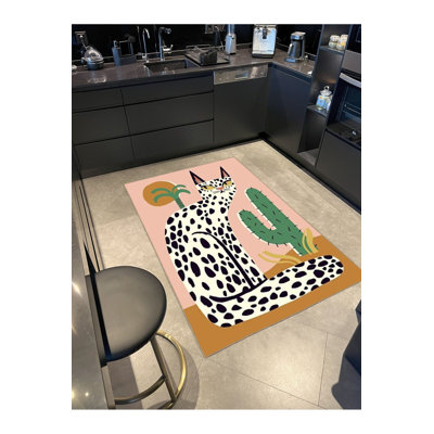 Pink Colour Themed Cactus and Cat Patterned Machine Washable Rug