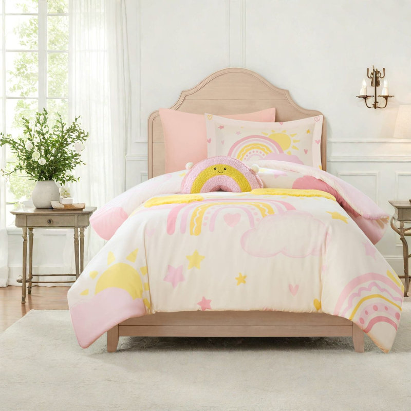 Ensembles de literie pour enfants, couette en microfibre sherpa rose arc-en-ciel pour lit simple/simple XL