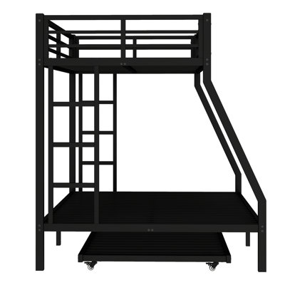 Black Metal Twin Over Full Bunk Bed With Trundle - Solid Construction, Silent Slats, Under Storage Function, 38 Slats Support, Numbered Parts Assembly Guardrail Protection, Simple