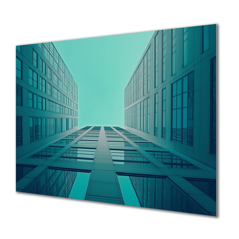 Urban City Perspect I - Blue Architecture, impression sur métal, édifices de la ville, L 32 po x H 24 po