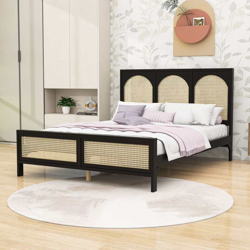 Lit plateforme en bois avec rangement et tête de lit robustes, Noir / Beige, Grand lit