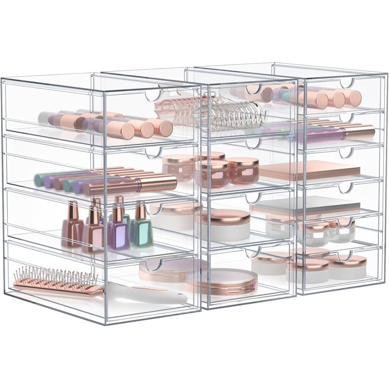  Clear 14 Drawers Acrylic Makeup Organizer 3 Pcs Stackable Set